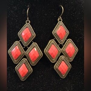 Vintage Antique Gold Earrings w/ Coral Stones and Fluid Movement Fish Hook Backs